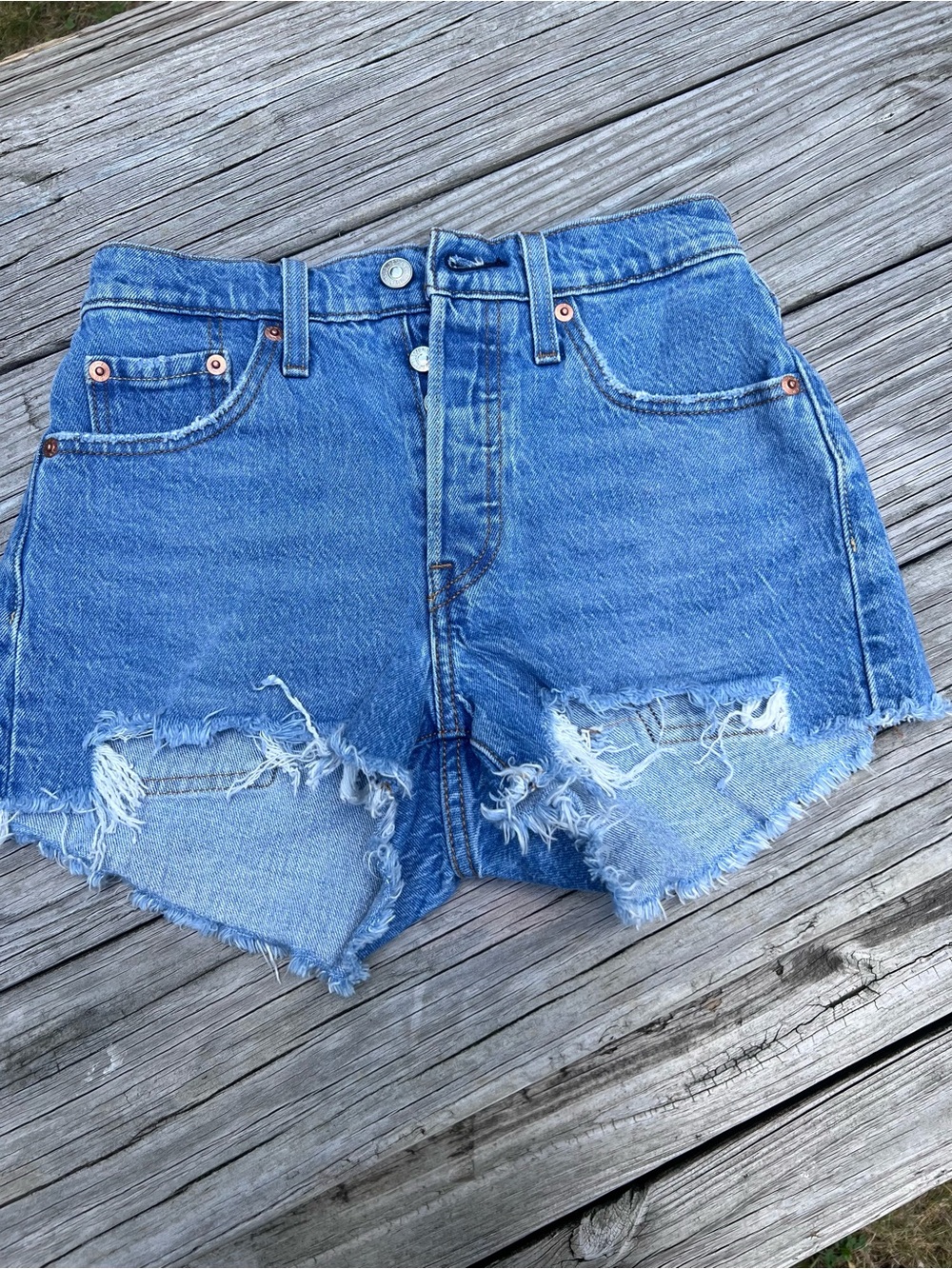 Levi's 501 Blue Denim Cutoff Shorts with Frayed Hem Size 24